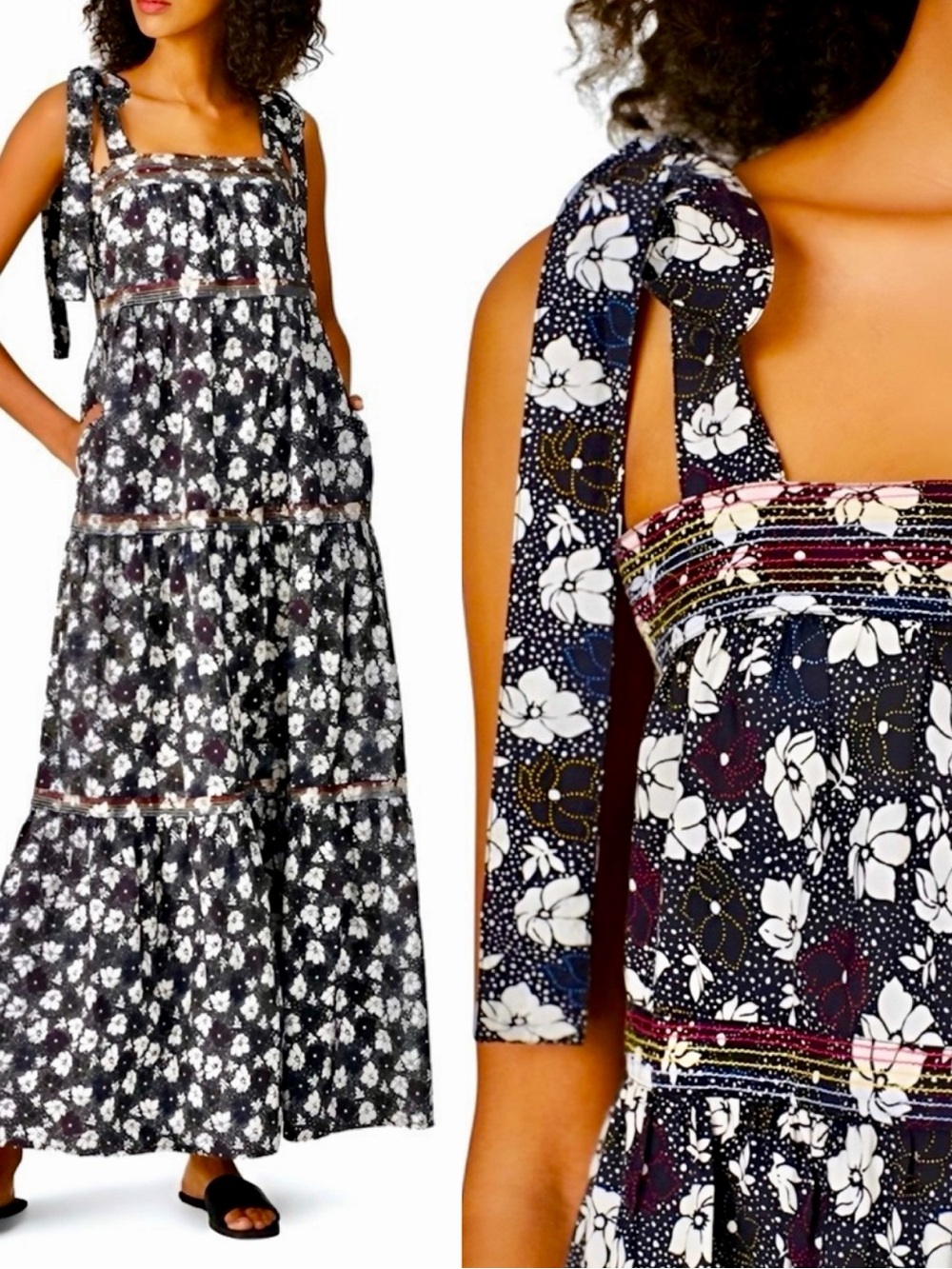 WARM + ANTHROPOLOGIE 100% Cotton Smocked Tiered Maxi Dress Black & White Floral